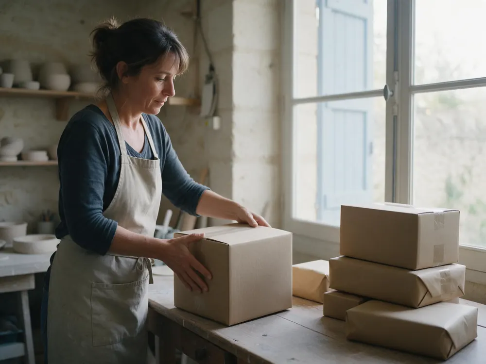 Une artisane pose un carton fermé sur son établi, à côté de colis de tailles différentes prêts à partir