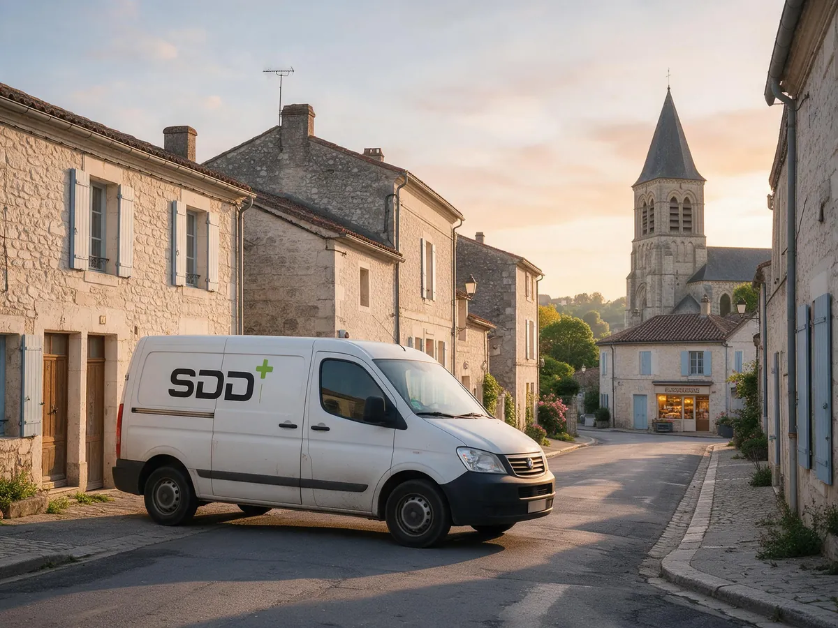 Un fourgon SDD+ traverse un village de la Vienne au petit matin